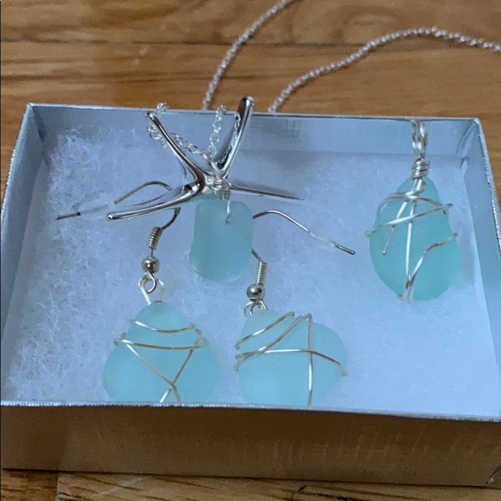Aqua sea glass jewelry set